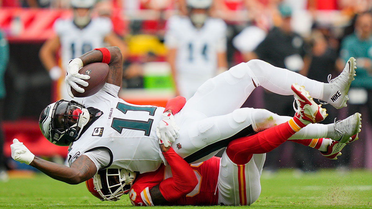 Kansas City Chiefs defensive tackle Omarr Norman-Lott (55) tackles Philadelphia Eagles wide receiver A.J. Brown (11) during the second quarter of the game at GEHA Field at Arrowhead Stadium.