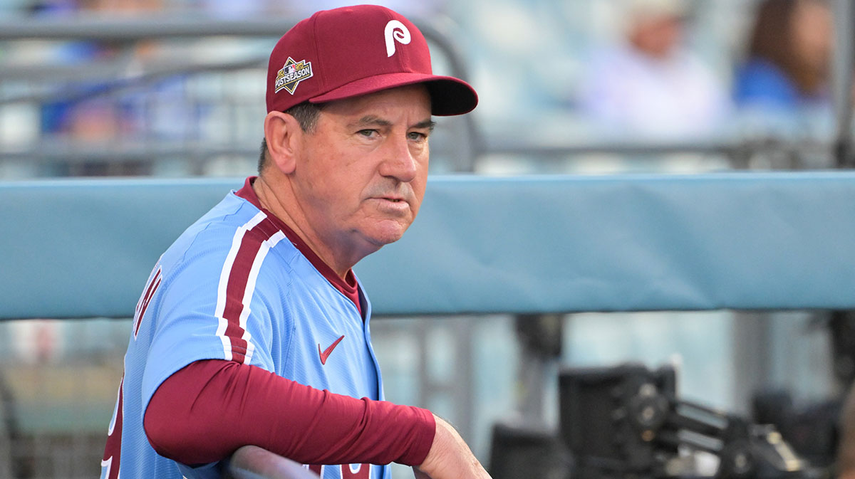 Philadelphia Phillies manager Rob Thomson (49) looks on before the game against the Los Angeles Dodgers during game three of the NLDS round for the 2025 MLB playoffs at Dodger Stadium.