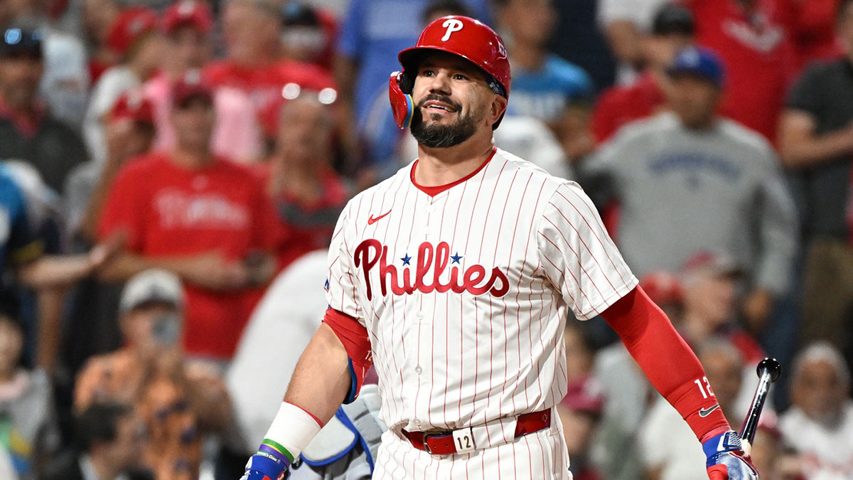 Phillies designated hitter Kyle Schwarber (12) reacts to striking out