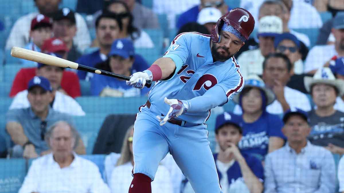 Phillies left fielder Kyle Schwarber (12) strikes out