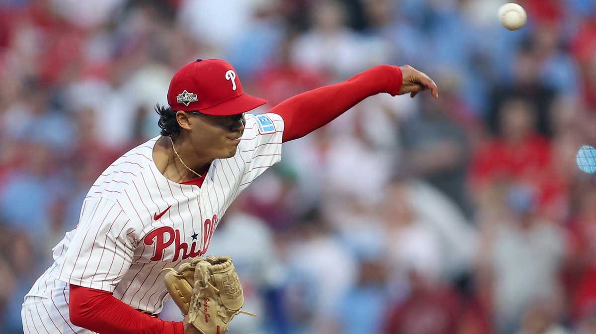 Philadelphia Phillies pitcher Jesus Luzardo (44) throws a pitch against the Los Angeles Dodgers in the first inning during game two of the NLDS round for the 2025 MLB playoffs at Citizens Bank Park.