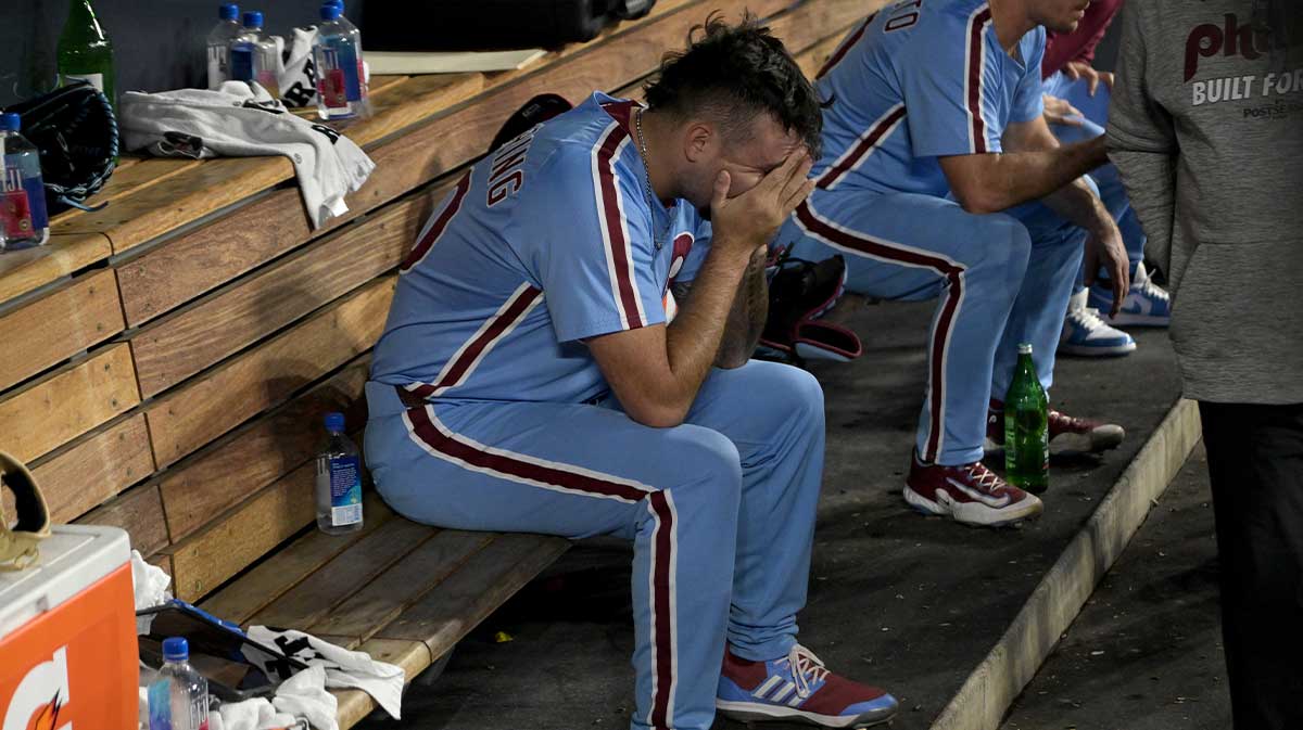 Phillies pitcher Orion Kerkering (50) in the dugout