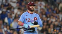 Philadelphia Phillies designated hitter Kyle Schwarber (12) looks on during the seventh inning against the Los Angeles Dodgers during game three of the NLDS round for the 2025 MLB playoffs at Dodger Stadium.