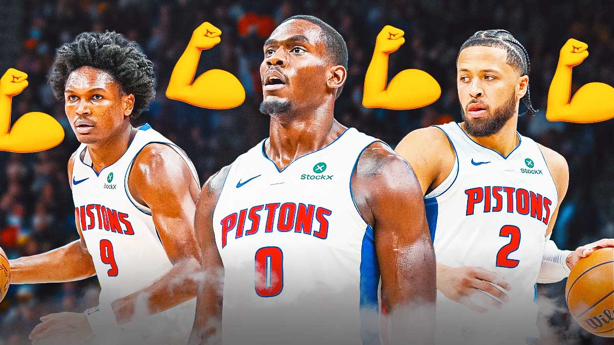 Pistons' Jalen Duren, Cade Cunningham, Ausar Thompson together with muscle emojis around