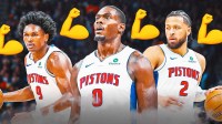 Pistons' Jalen Duren, Cade Cunningham, Ausar Thompson together with muscle emojis around