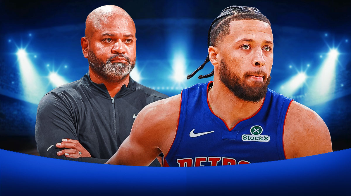 JB Bickerstaff with Cade Cunningham and Paul Reed on basketball court.