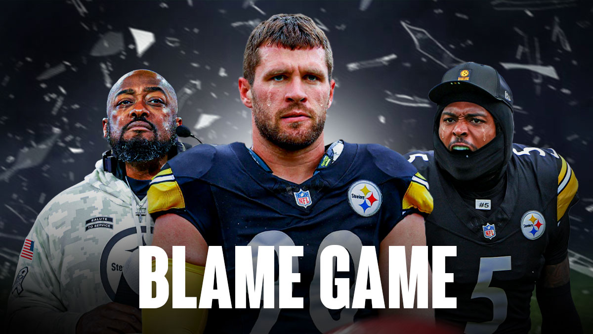 Coach Mike Tomlin, TJ Watt, Jalen Ramsey all with tear emojis 💧, Shattered Glass in the background