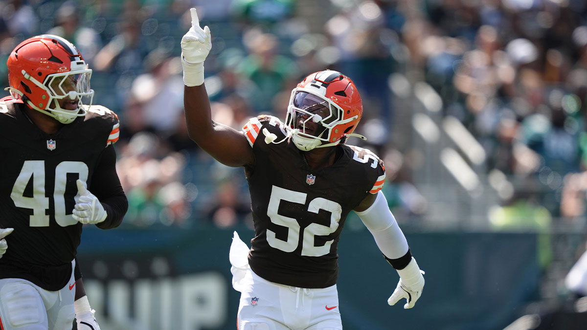 Cleveland Browns defensive lineman K.J. Henry (52) reacts after scoring a touchdown against the Philadelphia Eagles in the second half at Lincoln Financial Field.