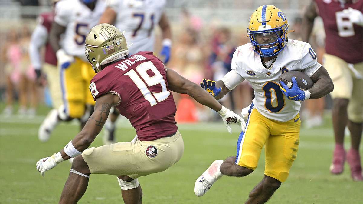 Pittsburgh Panthers running back Desmond Reid (0) runs the ball past Florida State Seminoles defensive back Jerry Wilson (19) during the second half at Doak S. Campbell Stadium.