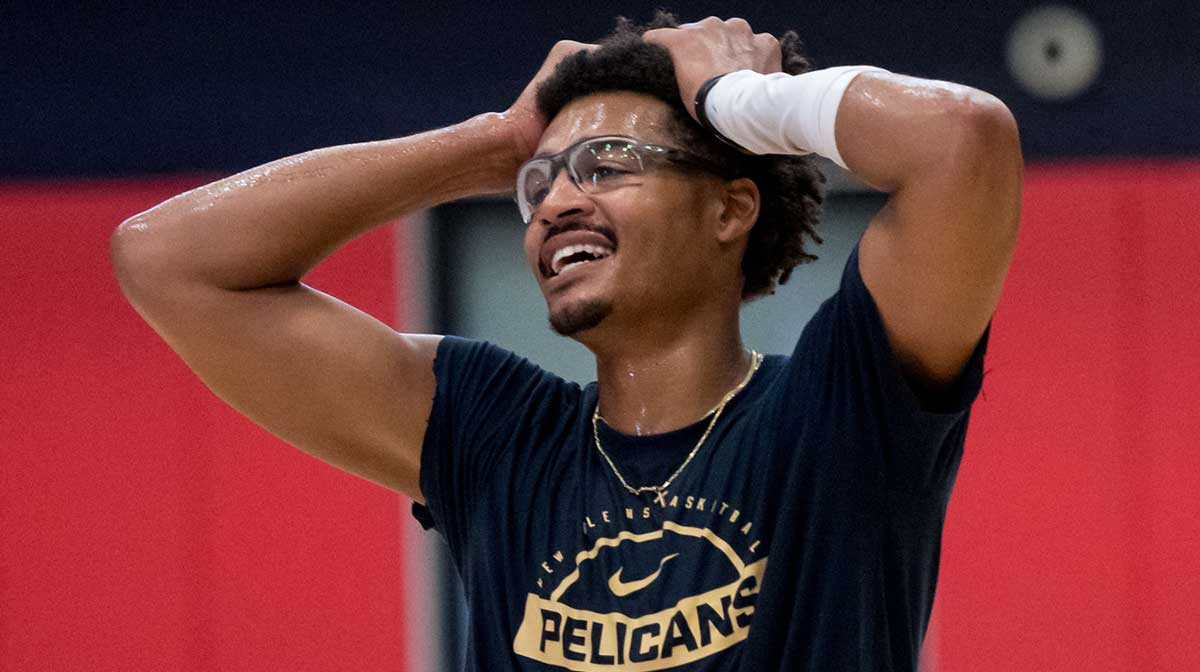 New Orleans Pelicans guard Jordan Poole (3) reacts after a half court shot during media day at Ochsner Sports Performance Center.