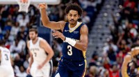 New Orleans Pelicans guard Jordan Poole (3) reacts to making a three point basket against the San Antonio Spurs during the first half at Smoothie King Center.
