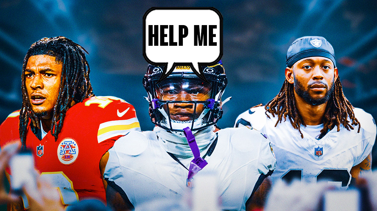 Isiah Pacheco, Zay Flowers, Jakobi Meyers all together with word bubble of them saying "help me"