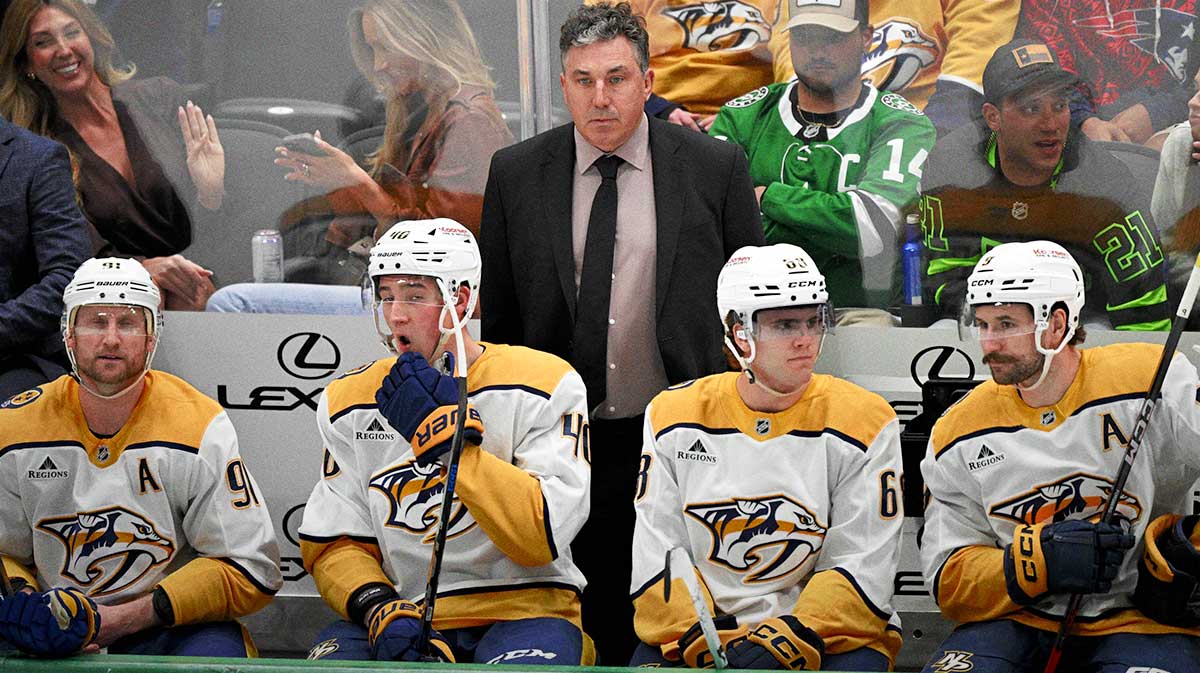 Nashville Predators head coach Andrew Brunette looks on during the second period against the Dallas Stars at the American Airlines Center.