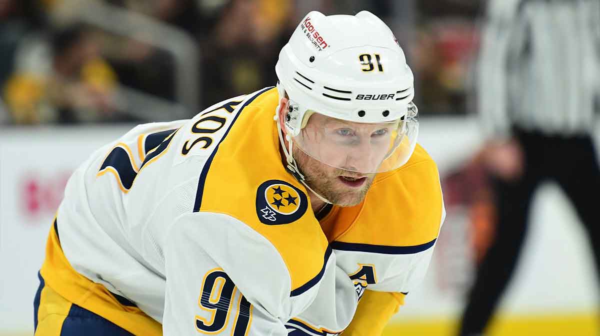 Nashville Predators center Steven Stamkos (91) gets set for a face-off during the second period against the Boston Bruins at TD Garden.