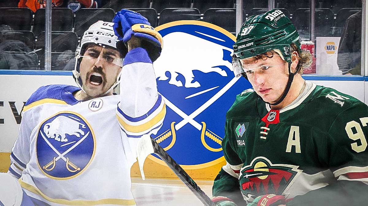 Alex Tuch and Kirill Kaprizov. Sabres logo in the background.