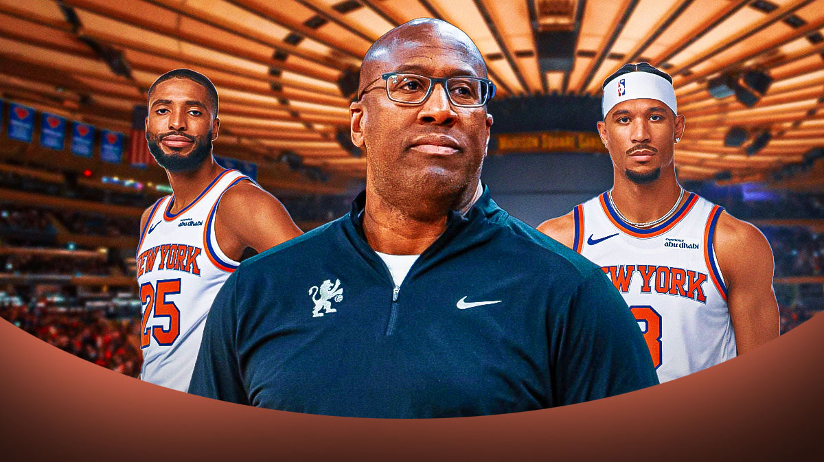 Mike Brown smiling with Josh Hart and Mikal Bridges running or appearing to exert over an image of a track and field track