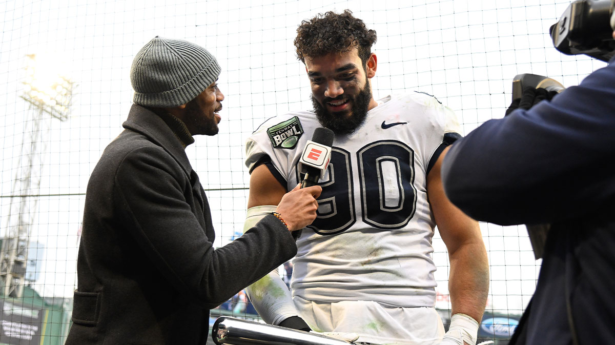 Connecticut Huskies defensive lineman Pryce Yates (90) is named the 2024 Fenway Bowl defensive MVP after defeating the North Carolina Tar Heels at Fenway Park.
