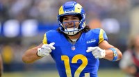 Los Angeles Rams wide receiver Puka Nacua (12) celebrates after a complete pass and first down during the first half against the Indianapolis Colts at SoFi Stadium.