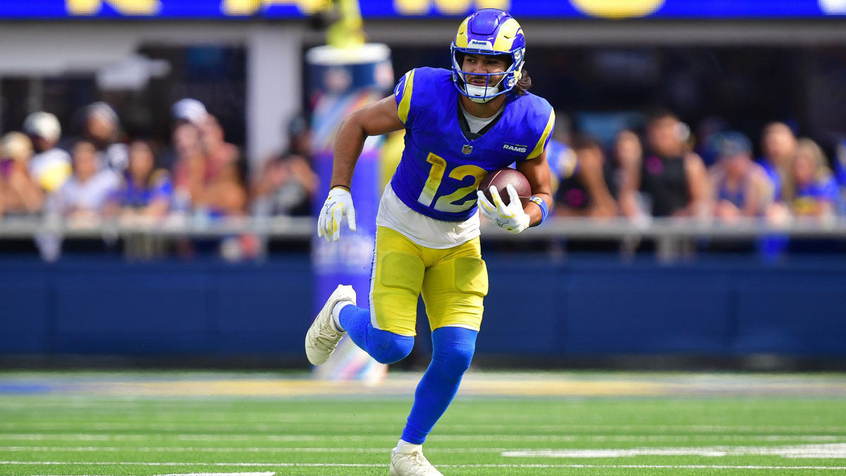 Los Angeles Rams wide receiver Puka Nacua (12) runs the ball against the Indianapolis Colts during the second half at SoFi Stadium.