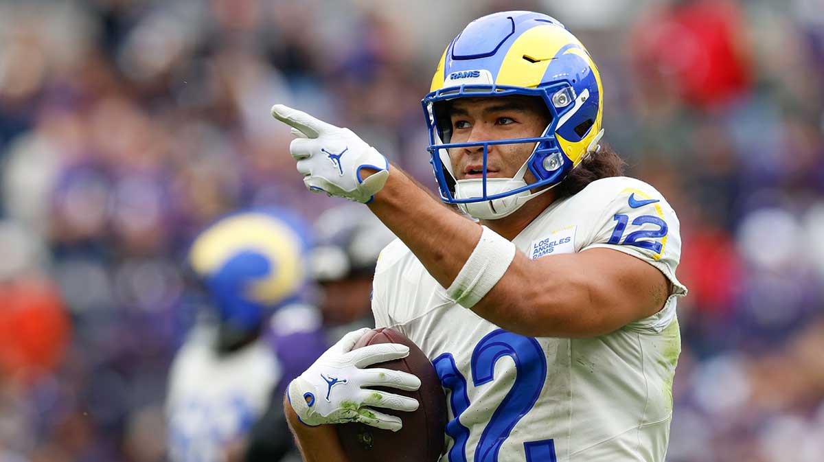 Los Angeles Rams wide receiver Puka Nacua (12) celebrates after a play against the Baltimore Ravens during the second quarter of the game at M&T Bank Stadium.