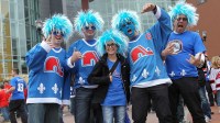 Fans of the former NHL franchise, the Quebec Nordiques rally outside the Prudential Center before the game between the New Jersey Devils and the Boston Bruins.