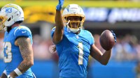 Los Angeles Chargers wide receiver Quentin Johnston (1) reacts in the first half against the Washington Commanders at SoFi Stadium.