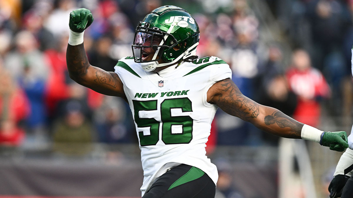 New York Jets linebacker Quincy Williams (56) reacts after a sack against the New England Patriots during the first half at Gillette Stadium.