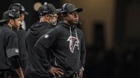 Atlanta Falcons head coach Raheem Morris is shown reacting on the sideline against the Miami Dolphins during the second half at Mercedes-Benz Stadium.