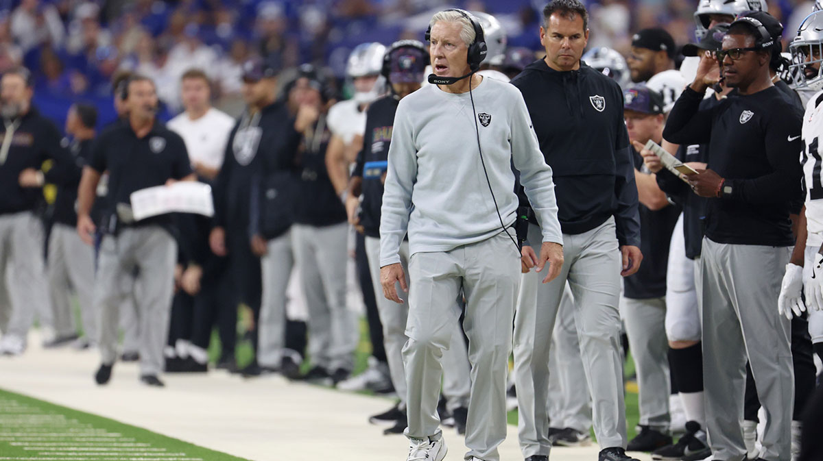 Las Vegas Raiders head coach Pete Carroll looks on against the Indianapolis Colts during the first quarter at Lucas Oil Stadium.