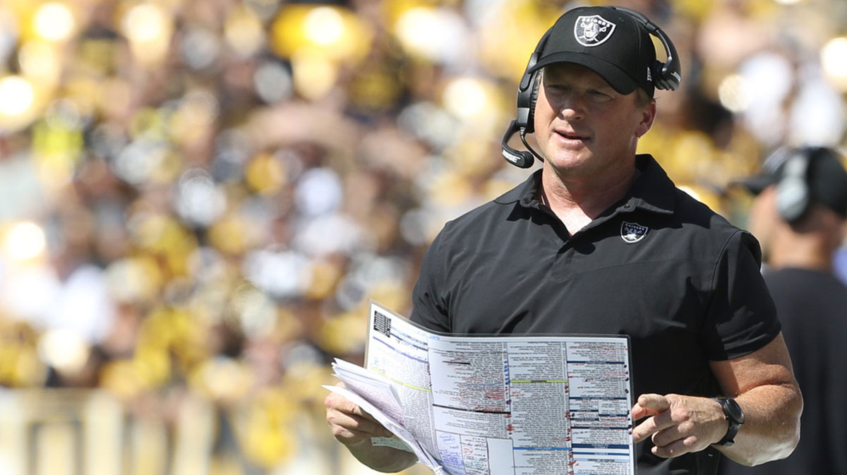 Las Vegas Raiders head coach Jon Gruden looks on from the sidelines against the Pittsburgh Steelers during the second quarter at Heinz Field. Las Vegas won 26-17.