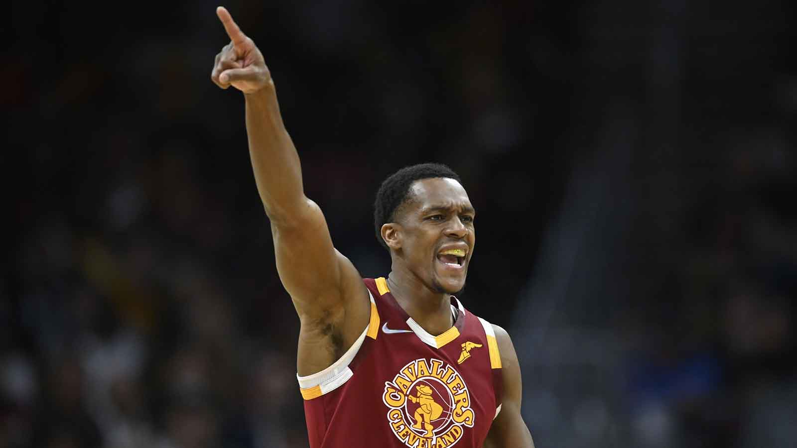Cleveland Cavaliers guard Rajon Rondo (1) runs the offense in the fourth quarter against the Atlanta Hawks at Rocket Mortgage FieldHouse. 