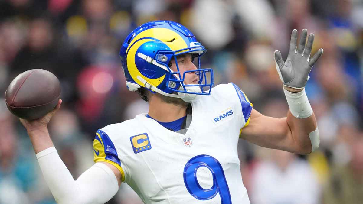 Los Angeles Rams quarterback Matthew Stafford (9) passes the ball against the Jacksonville Jaguars during the first half of an NFL International Series game at Wembley Stadium