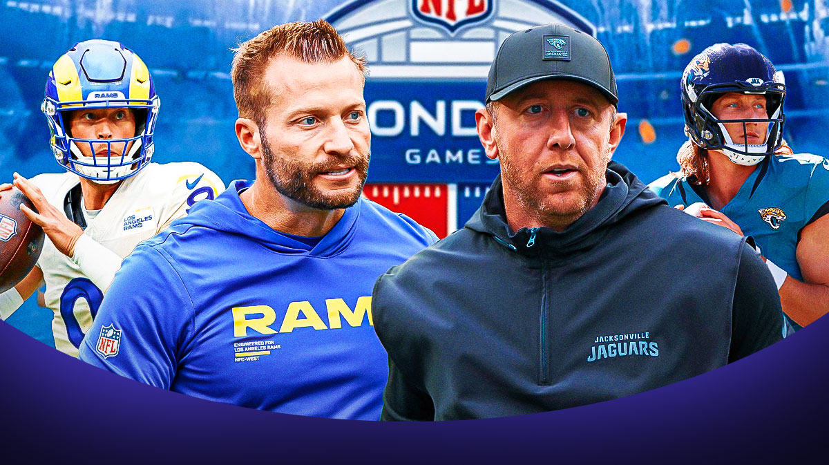 Rams HC Sean McVay and Rams QB Matthew Stafford (left). Jaguars HC Liam Coen and Jaguars QB Trevor Lawrence (right). NFL London Games logo in background