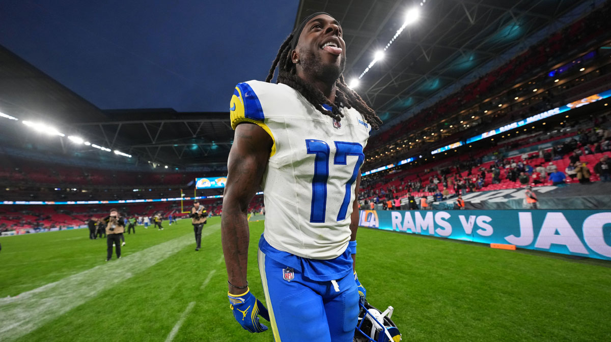 Los Angeles Rams wide receiver Davante Adams (17) celebrates as he walks off the field after their win against the Jacksonville Jaguars in an NFL International Series game at Wembley Stadium.