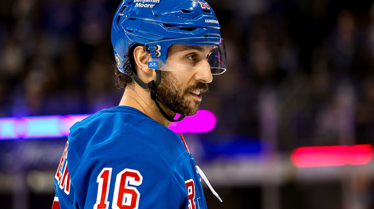 New York Rangers center Vincent Trocheck (16) skates against the Vancouver Canucks during the second period at Madison Square Garden.