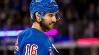 New York Rangers center Vincent Trocheck (16) skates against the Vancouver Canucks during the second period at Madison Square Garden.