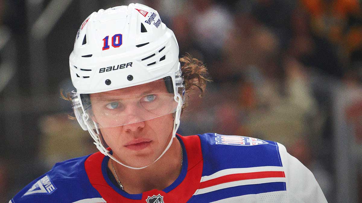 New York Rangers left wing Artemi Panarin (10) looks on against the Pittsburgh Penguins during the third period at PPG Paints Arena.