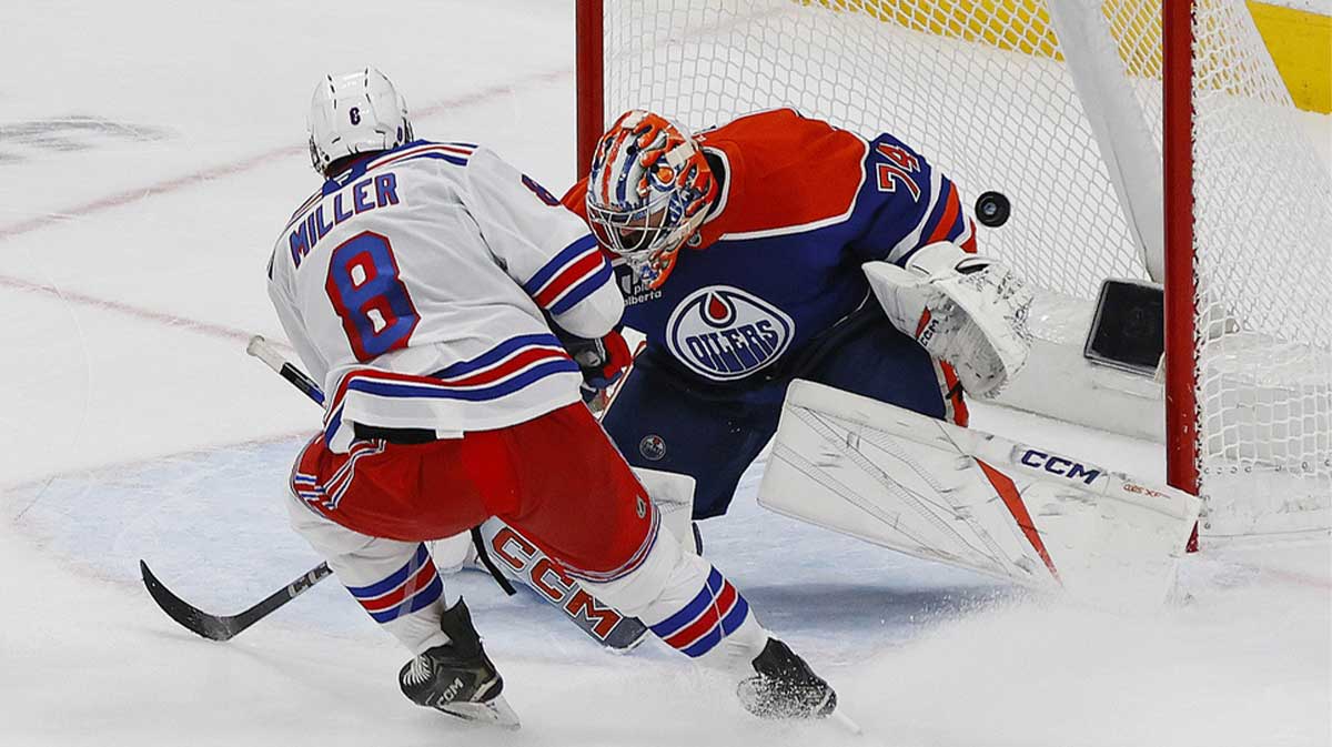 New York Rangers forward J.T. Miller (8) scores a goal during overtime to defeat the Edmonton Oilers 4-3 at Rogers Place.