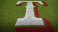 A view of the Texas Rangers logo on the field before the game between the Baltimore Orioles and the Rangers in game three of the ALDS for the 2023 MLB playoffs at Globe Life Field.