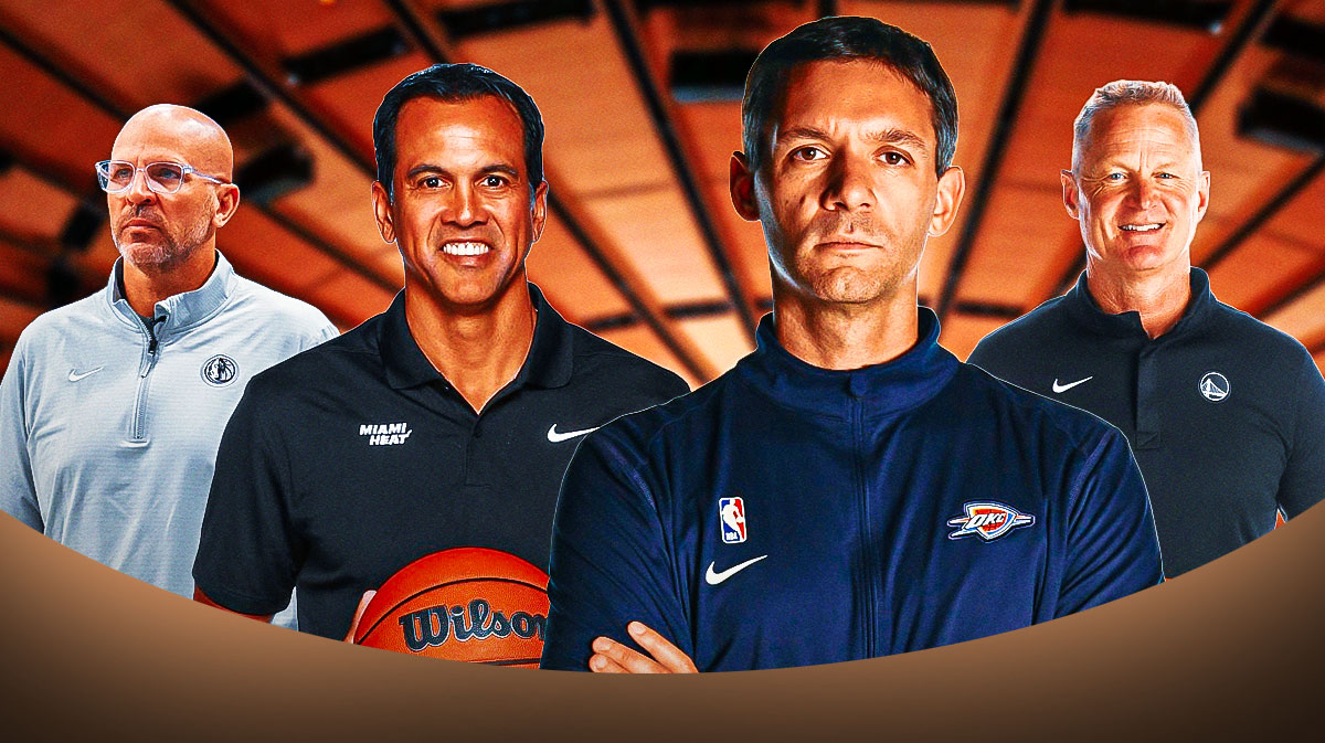 Mark Daignault, Steve Kerr, Erik Spoelstra, and Jason Kidd all together coaching.
