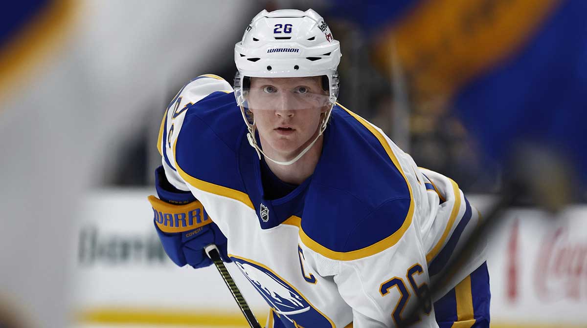 Buffalo Sabres defenseman Rasmus Dahlin (26) after a face off against the Boston Bruins during the second period at TD Garden.