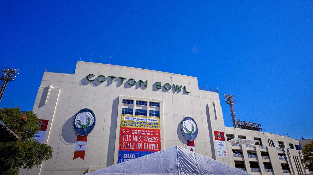 A view of the stadium exterior before the game between the Texas Longhorns and the Oklahoma Sooners at Cotton Bowl.