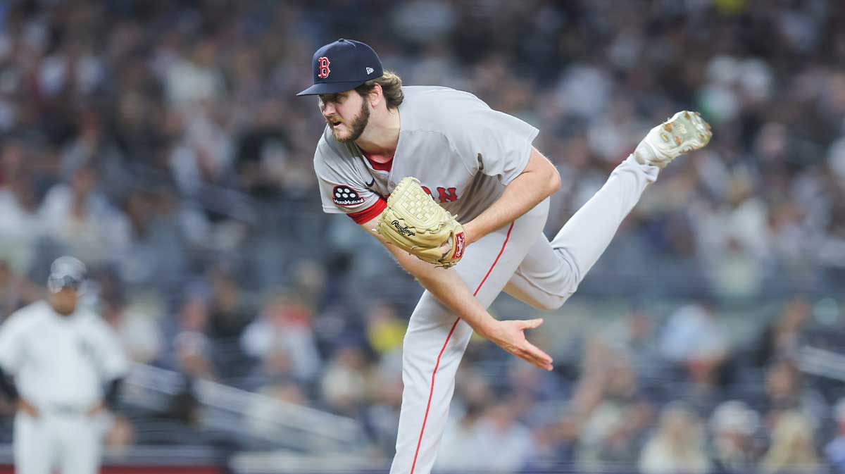Boston Red Sox relief pitcher Justin Slaten (63) pitches during the fifth inning against the New York Yankees during game two of the Wildcard round for the 2025 MLB playoffs at Yankee Stadium.