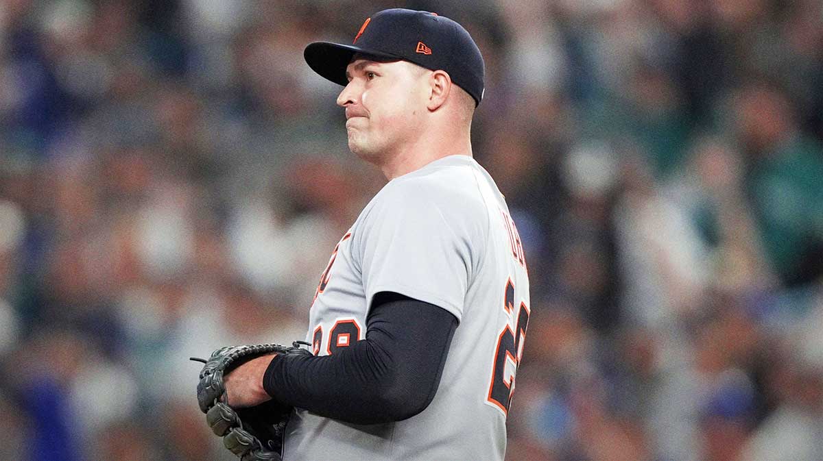 Detroit Tigers pitcher Tarik Skubal (29) reacts in the sixth inning against the Seattle Mariners during game two of the ALDS round for the 2025 MLB playoffs at T-Mobile Park.