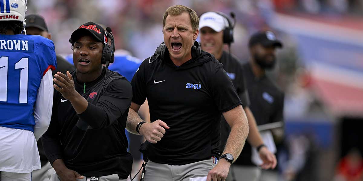 SMU Mustangs head coach Rhett Lashlee celebrates with his team during the second half against the Baylor Bears at Gerald J. Ford Stadium.