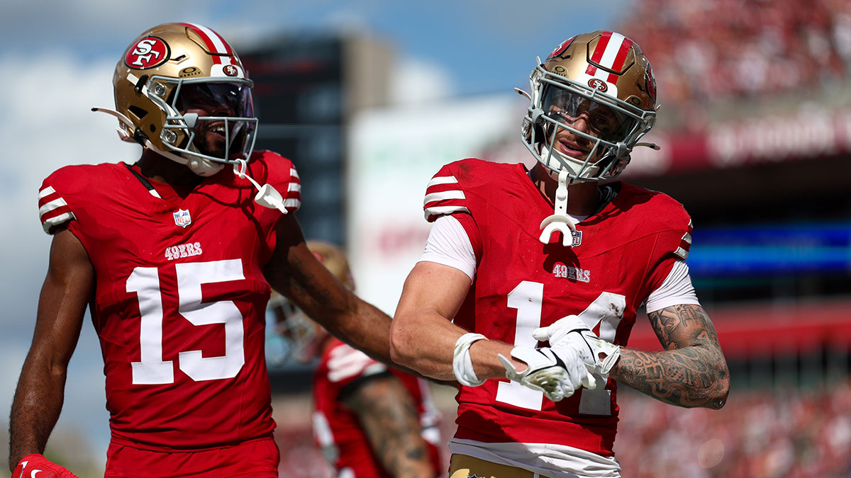 San Francisco 49ers wide receiver Ricky Pearsall (14) celebrates with wide receiver Jauan Jennings (15) after scoring a touchdown against the Tampa Bay Buccaneers in the first quarter at Raymond James Stadium.