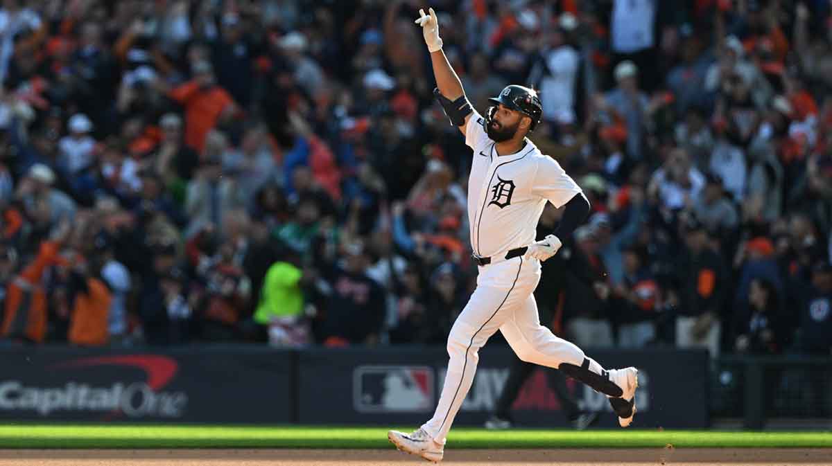 Detroit Tigers left fielder Riley Greene (31) reacts as he rounds the bases after hitting a solo home run in the sixth inning against the Seattle Mariners during game four of the ALDS round for the 2025 MLB playoffs at Comerica Park.