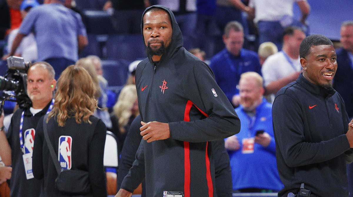 Houston Rockets forward Kevin Durant before the start of a game against the Oklahoma City Thunder at Paycom Center.
