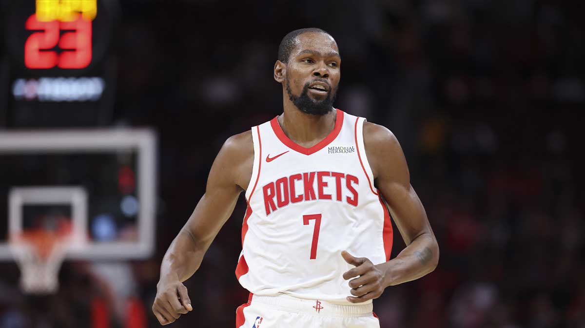 Rockets forward Kevin Durant (7) reacts after a play during the second quarter against the Utah Jazz at Toyota Center