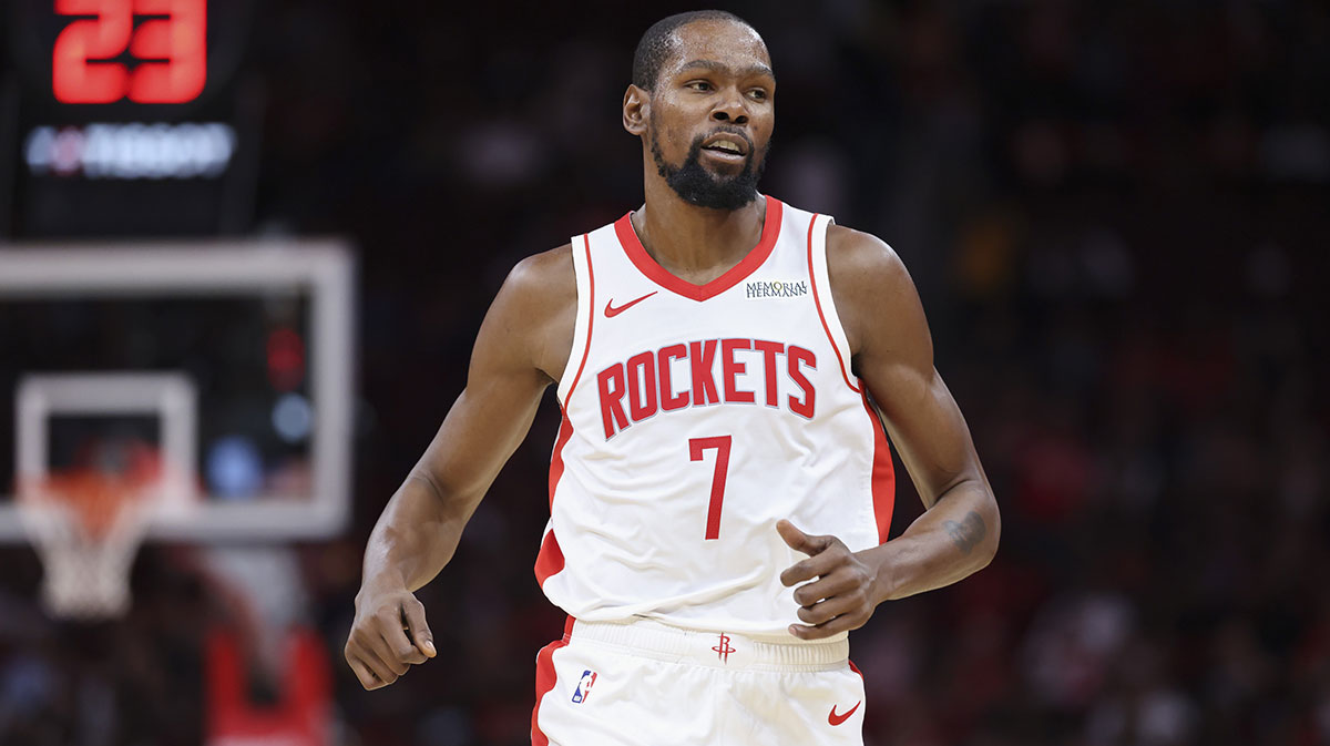 Rockets forward Kevin Durant (7) reacts after a play during the second quarter against the Utah Jazz at Toyota Center